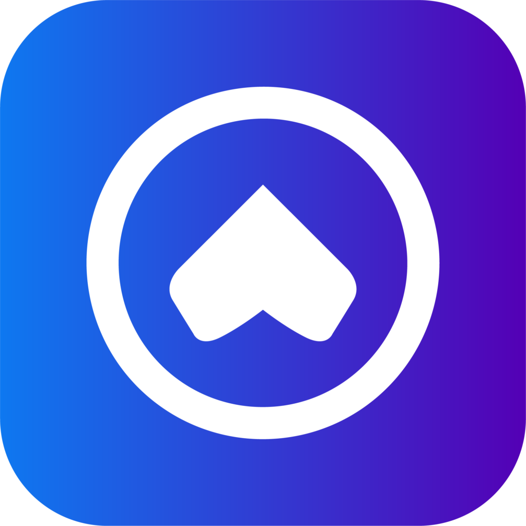 A stylized upward arrow inside a circular outline on a gradient blue to purple background